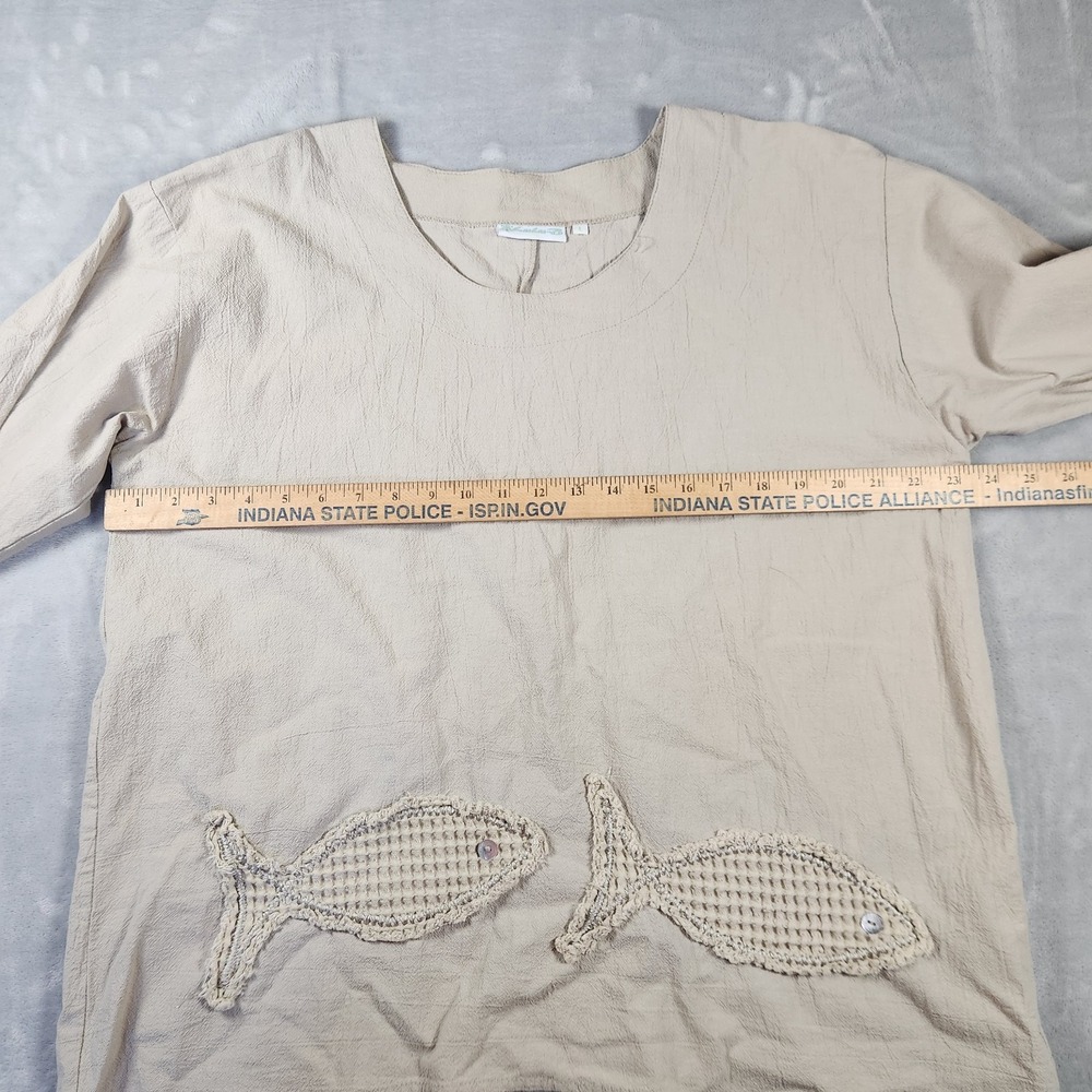 LULU-B Women's Size Large Tan Applique Fish 100% Crinkle Cotton Tunic Top - Picture 5 of 6